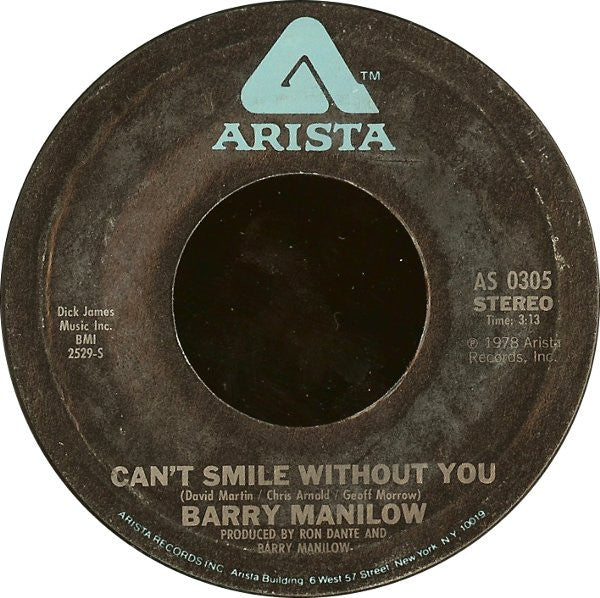 Barry Manilow – Can't Smile Without You Vinyl 7" Record *Used 1978 Release*