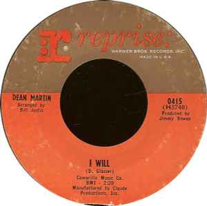 Dean Martin – I Will Vinyl 7" Record *Used 1965 Release*