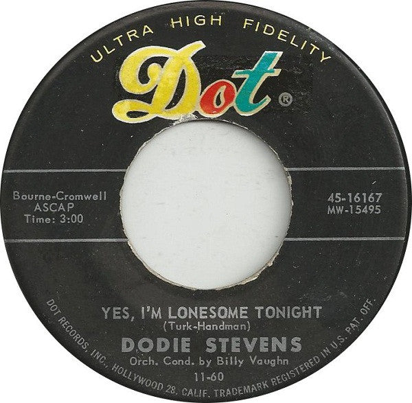 Dodie Stevens – Yes, I'm Lonesome Tonight / Too Young Vinyl 7" Record *Used 1960 Release*