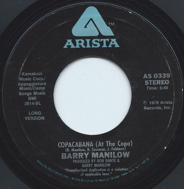 Barry Manilow – Copacabana (At The Copa) Vinyl 7" Record *Used 1978 Release*