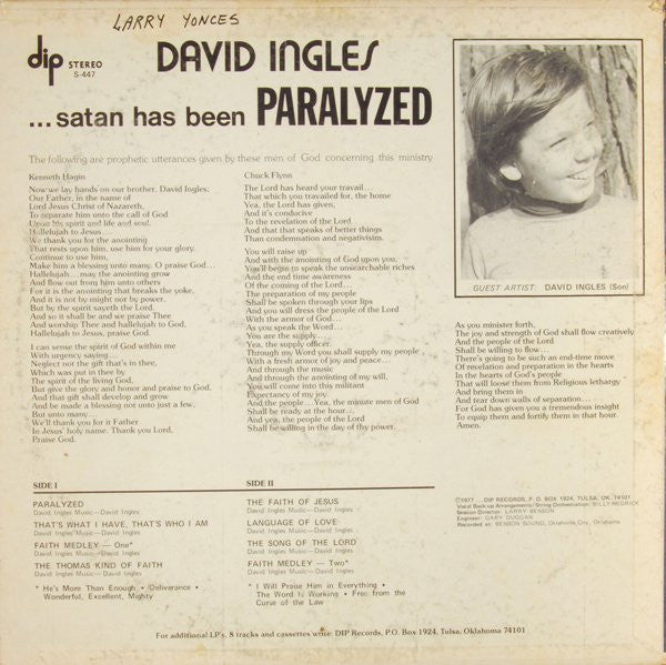 David Ingles – Satan Has Been Paralyzed Vinyl LP Record *USED 1977 RELEASE*