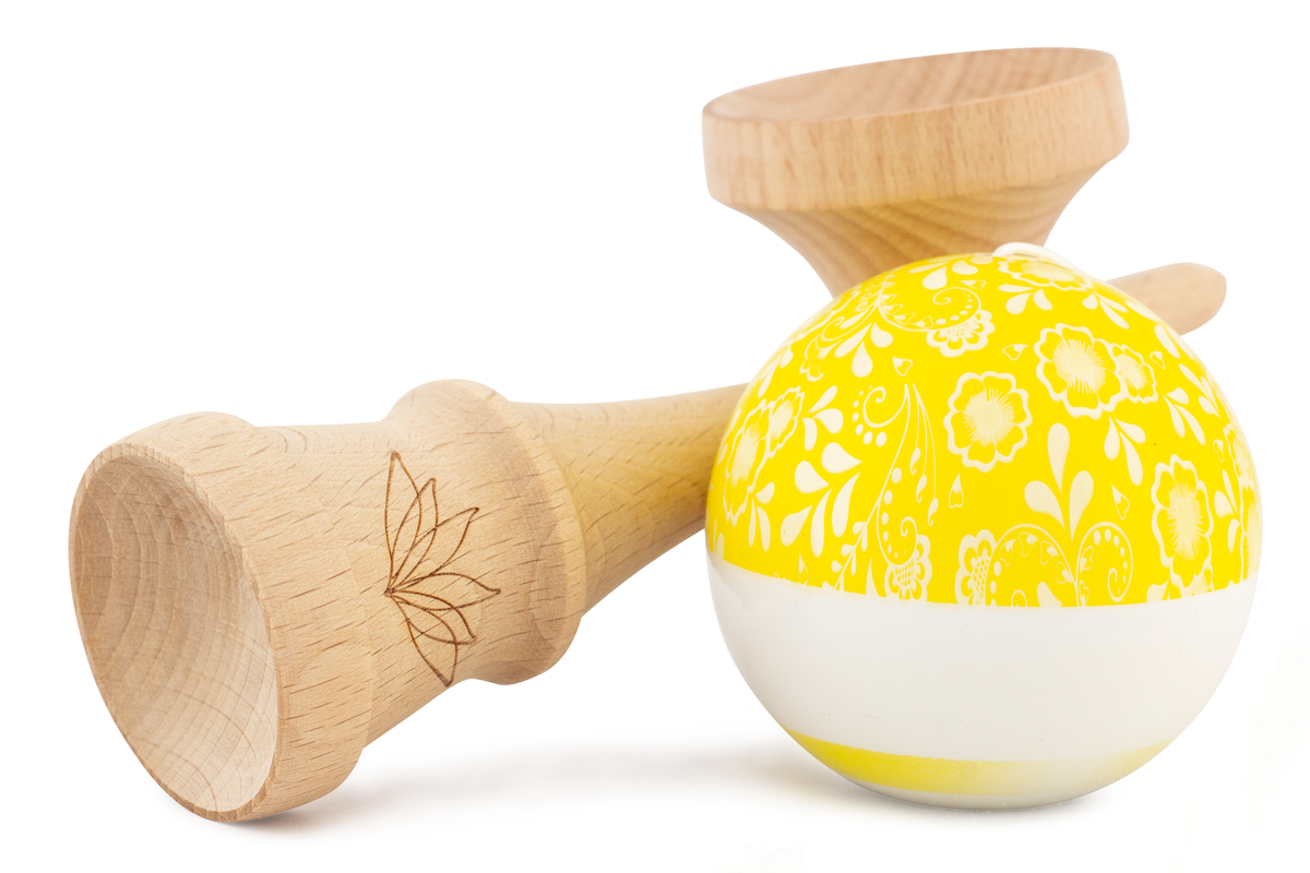 Yellow Bloom Kendama with Tricklist